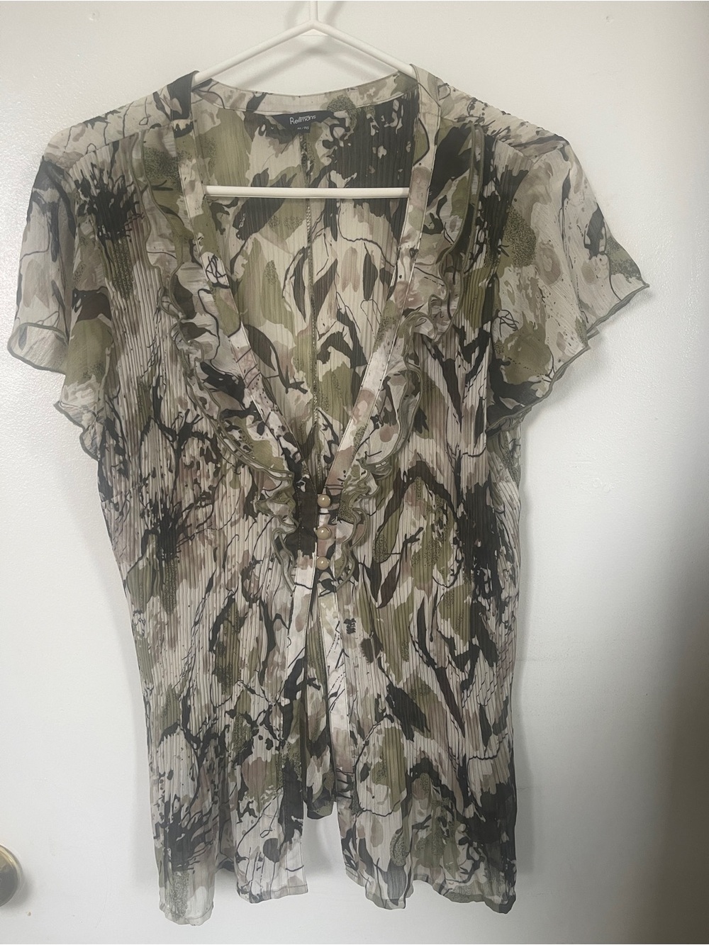 PleatedFloral Ruffle V-Neck Top in Olive and Cream